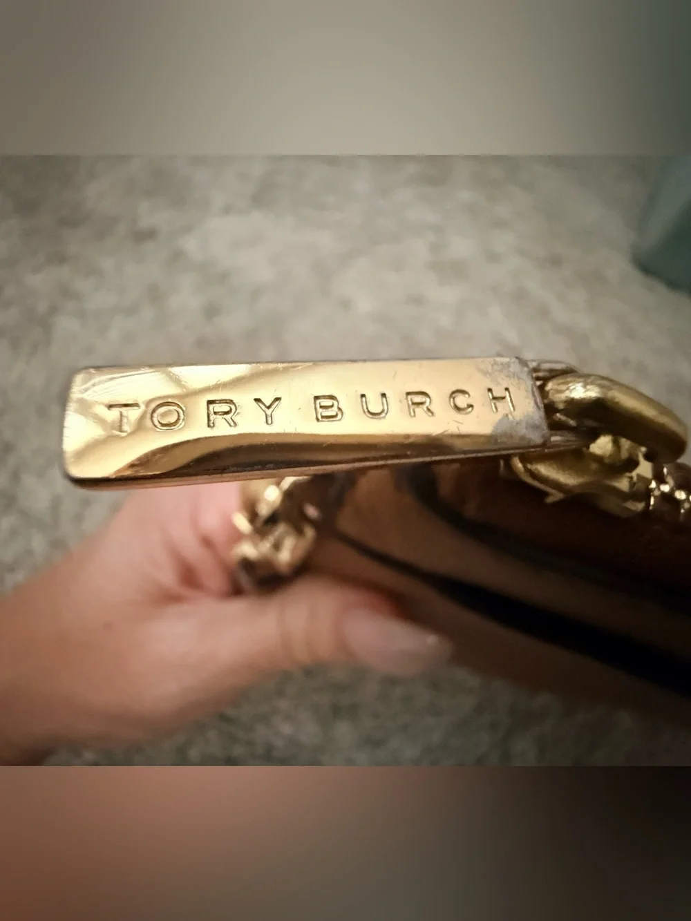 Tory Burch Pebbled Leather Wristlet/Clutch in Brown with Gold-Tone Logo